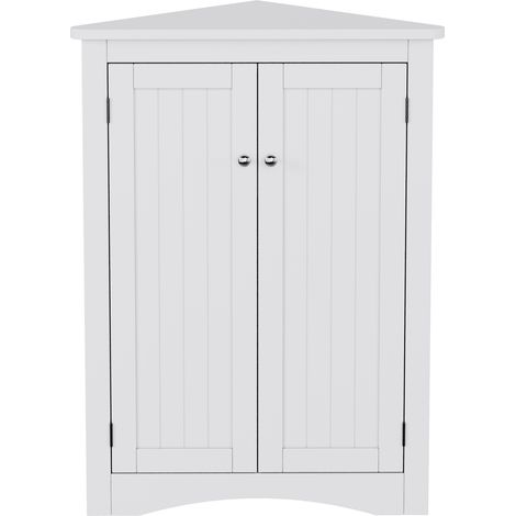 Armoire d'angle blanche pour salle de bain avec 2 portes, 3 niveaux, MDF laqué 61,5 x 80 cm (1/5)