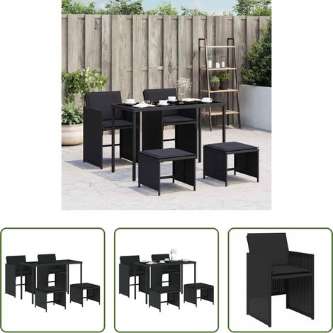 vidaXL Gartenstuhl - 5-tlg. Garten-Essgruppe mit Kissen Schwarz Poly Rattan (1/5)