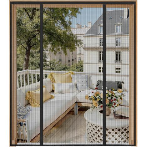 Moustiquaire Porte Fenêtre 180x215cm, Magnétique Double Porte, Fermeture Automatique Sans Perçage, Anti Mouches pour Baie Vitrée Coulissante, Balcon, Terrasse et Patio, Noir (1/5)