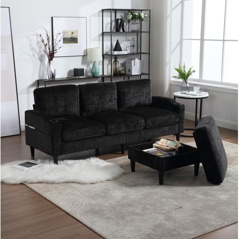 Canapé 4 places avec pouf coffre, chenille noir OKMYHOME (1/5)