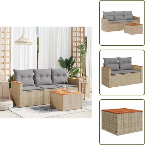 The Living Store Salon de jardin avec coussins 4pcs mélange beige résine tressée - Ensemble Salon De Jardin - Mobilier Extérieur - Canapé Jardin - Table Jardin - Chaise Lounge