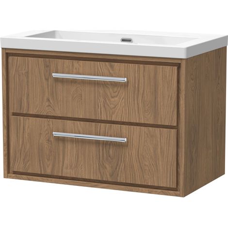 Longnor 2 Drawer Wall Hung Vanity Unit with 1 Tap Hole Modern Fireclay Basin, Antique Oak, 800mm