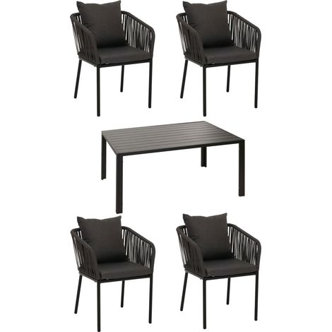Set de jardín HHG-616, mesa+4xsillas, aluminio resistente a la intemperie 140x80cm, mimbre de cuerda Rope, antracita, cojines gris oscuro (1/5)