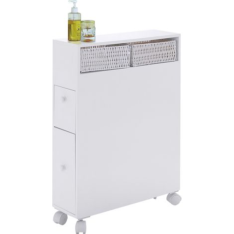 Armadio di legno con cassetti cesti e porta scopino del water, Credenza con ruote per piccoli spazi Bianco (1/4)