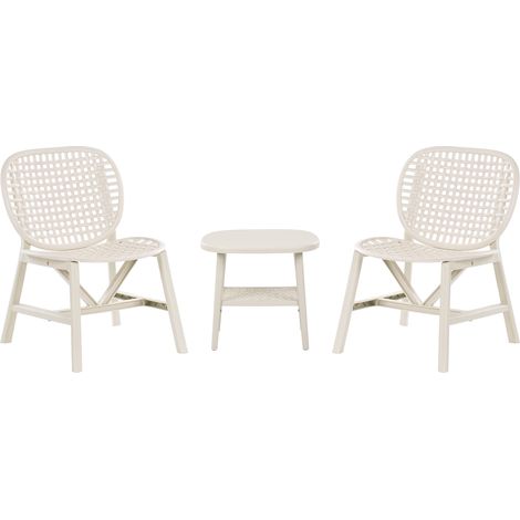 Conjunto de balcón para jardín al aire libre con mesa y sillas bajas de material sintético blanco crema Sicelle