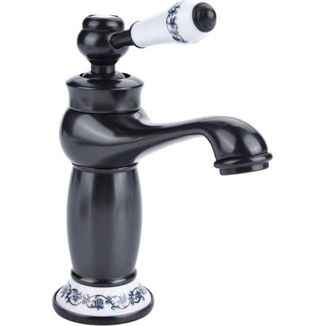 RHG Céramique Antique en Laiton Robinet De La Salle De Bains Évier Robinet Bleu Et Blanc en Porcelaine À Long Cou Vintage Robinet De Lavabo Mitigeur Cuisine Robinet d'eau Froide/Chaude De Robinet(Noir