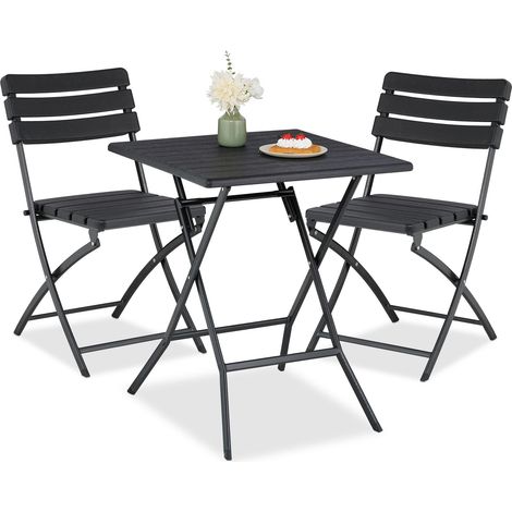 Relaxdays Tavolo da Esterno e Sedie, Set da 3 Mobili Pieghevoli e Salvaspazio da Balcone, Design Aspetto Legno, Nero