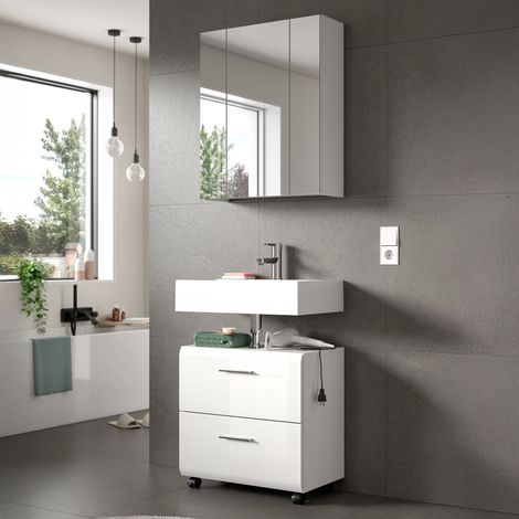 Meuble sous lavabo + armoire de toilette blanc brillant - ICEDY