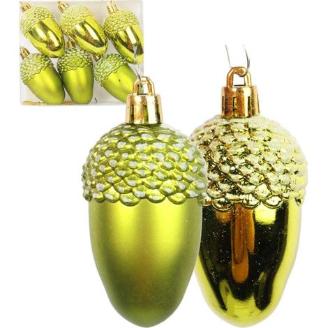 Juego de 6 adornos navideños de plástico con forma de bellotas verdes. (1/4)