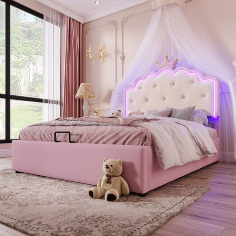 Lit enfant princesse 140x200 cm, lit rembourré rose en PU avec LED, coffre de rangement hydraulique, sommier à lattes inclus, sans matelas (1/5)