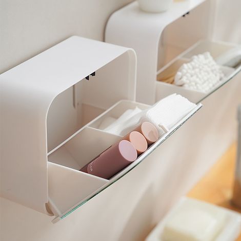 Boîte De Rangement Murale Avec Miroir À Maquillage - Double Compartiment - Interrupteur Poussoir - En ABS - Pour Coton-Tiges Et Démaquillants - 1 Pièce (1/5)