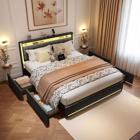 Doppelbett 140x200 mit 4 Stauraumschubladen und RGB-LED - Dunkelgrauer Stoff und USB - Modernes und Robustes Design für das Schlafzimmer von Erwachsenen