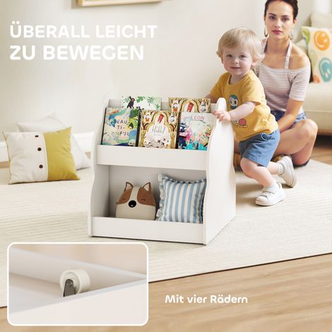 Étagère pour enfants, bibliothèque enfant à 2 niveaux avec roulettes, 4 compartiments, pour chambre d'enfant et salle de jeux, 54x50x56 cm, blanc (1/5)