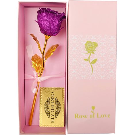 Rose Artificielle - Pétales En Plastique - Tige En Polyéthylène - Dorure Or - Boîte Cadeau - 1 Pièce (1/5)