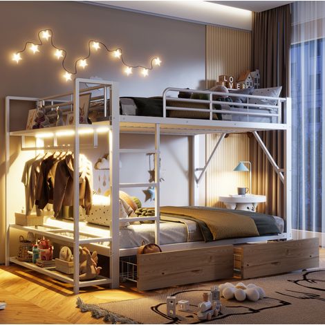 Hochbett 140 x 200 cm aus Metall und MDF, Weiß, 2 Schubladen, LED, Kleiderstange, OKWISH (1/5)