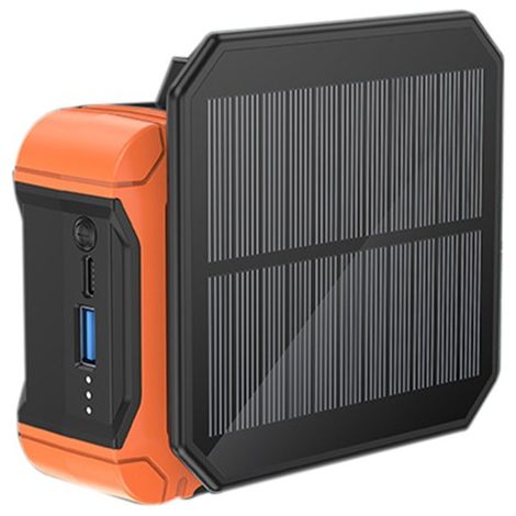 set of orange plastic solar fans, to hang on the waist or neck, USB rechargeable, high power cooling, portable for outdoor use. (1/5)