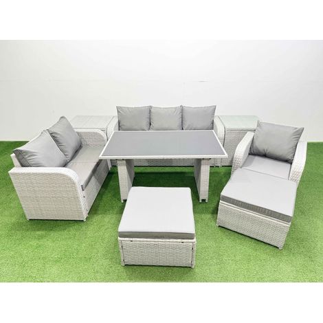 Fimous Rattan Outdoor Table Reclining Chair Sofa Set with 2 Side Tables 2 Big Stools Light Grey 8 Seater (1/4)