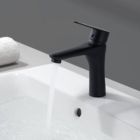 Mitigeur de lavabo noir à poignée unique pour salle de bain, robinets de lavabo monobloc modernes pour salle de bain avec conduites d'alimentation en eau chaude et froide, laiton (1/3)