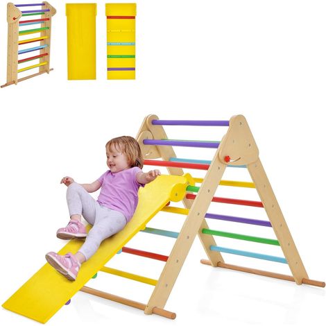 COSTWAY Kletterdreieck mit Rutsche, 3 in 1 Klettergerüst Indoor klappbar, Sprossendreieck Holz, zum Rutschen und Klettern, für Kinder ab 1 Jahr (1/5)