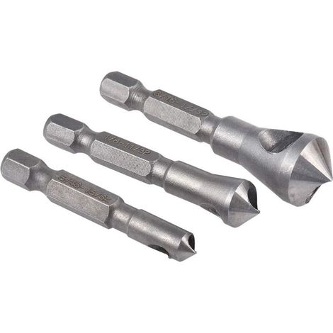 Ensemble d'outils de fraisage et d'ébavurage,3 pièces ensembles d'outils de poinçonnage central à 90 degrés pour mèches à bois en métal à chanfrein de fraisage avec tige hexagonale de 1/4pouce