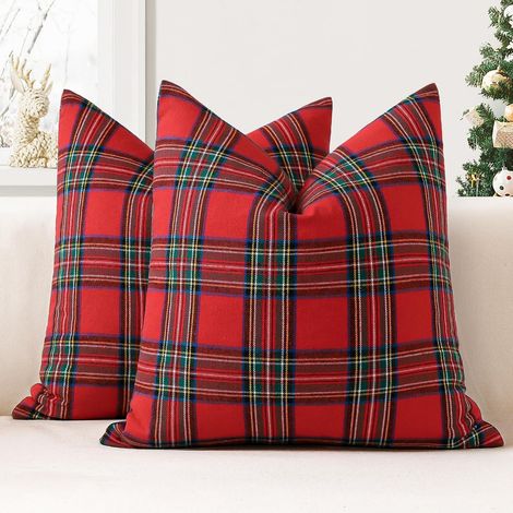 Lot de 2 Housses de Coussin 45x45 cm de Noël en écossais Housses de Coussin Plaid Classique Farmhouse Taie d'oreiller Décoratifs pour Canapé, Salon et Lit(Rouge Vert)