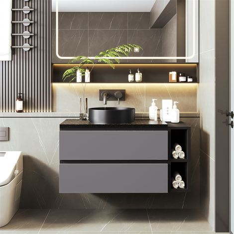 Meuble de salle de bain avec vasque simple, évier en céramique, avec 2 portes et 2 compartiments, 80x44x48.5cm noir et gris (1/5)