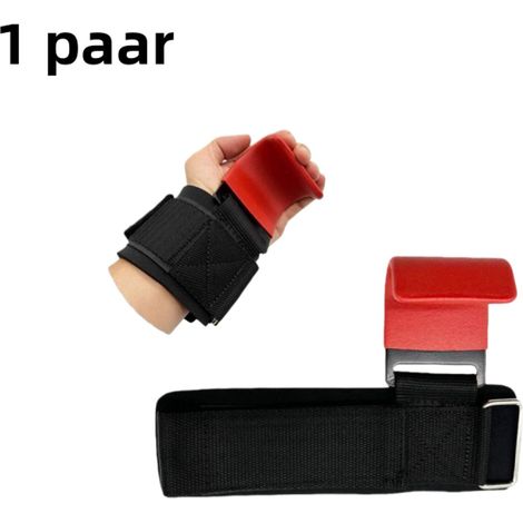 Paire de crochets d'assistance pour tractions, crochets de poignet pour musculation, porte-gants, barre de suspension pour hommes, poignées antidérapantes, crochets pour disques, rouge. (1/5)