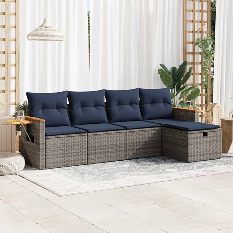 Salon de Jardin 5 Places en Résine Tressée Gris avec Coussins Bleu Marine et Fonction Rangement, Canapé + 2 Fauteuils + Pouf (1/5)