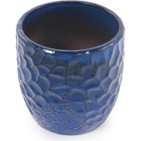 Set de 4 macetas de cerámica azul marino con relieve martillado y orificios de drenaje (1/5)