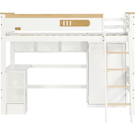 Letto a castello per bambini 90x200 Cm, con parapetto, tavolo e armadio, bianco + naturale (1/5)