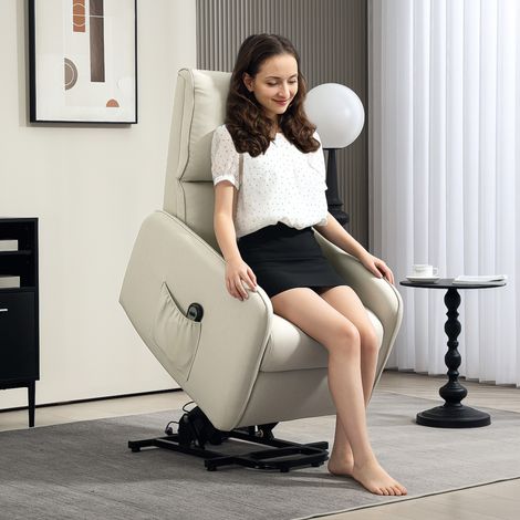 Beige - Fauteuil élévateur électrique inclinable 135° relax tissu lin avec télécommande, repose-pieds et poche latérale pour salon (1/4)