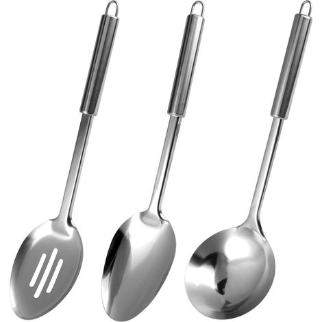 Ustensiles De Cuisine Inox, Cuillère de service en acier inoxydable, Set de 3 cuillères de cuisine en acier inoxydable, contient une cuillère de service, une écumoire et une louche, grande (1/5)