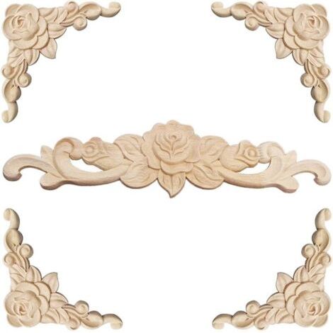 Moulure Decorative Bois 5 Pièces Sculpture Bois Moulure Décorative Bois Applique Moulure Rosace Decorative Floral Bois Sculpte Decal Sculpté d'angle Decoratif pour Décoration Meuble (1/4)