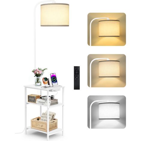 Lampadaire sur Pied avec Table d’Appoint, LED Dimmable avec Télécommande, 3 Températures de Couleur, Table avec Charge USB et Étagère pour Salon Chambre (1/5)