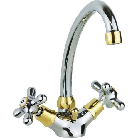 Zweihebel-Spültischarmatur, chrom-goldfarbener, drehbarer Auslauf Paffoni Iris IRV077CO  Chrom-Gold - Iris - Überlaufgarnitur 1"1/4