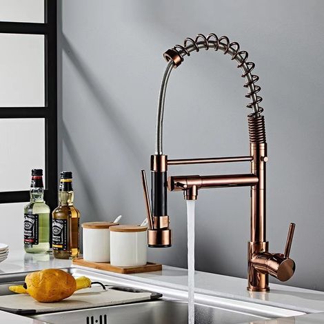 Wasserhahn Küche mit Spiralfeder , 360° Schwenkbar Spültischarmatur, Küchenarmatur mit 2-strahliger Ausziehbrause - Roségold Schwarz