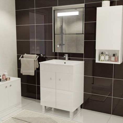 Cuisibane – Meuble salle de bain 60 cm avec plan simple vasque en céramique – 2 portes – Blanc brillant – Caisson monté – Dimensions 61x46,5 cm (1/5)