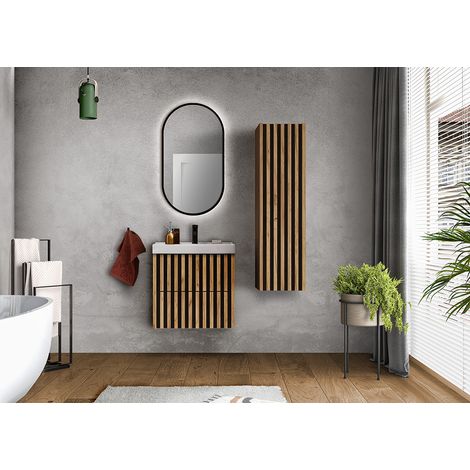 Badmöbel Set mit 60 cm Waschtisch LUCCA-107 in Eiche Nb. mit Lamellenfronten, B/H/T: ca. 115/200/46 cm (1/5)