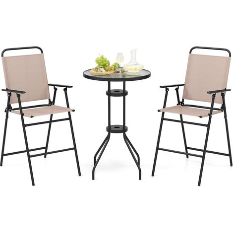 COSTWAY Mesa y Sillas Terraza de 3 Piezas, Mesa de Vidrio Templado Orificio para Sombrilla de 4 Cm, 2 Sillas Plegables, Conjunto Mesa y Sillas Jardin Balcon Exterior, Beige (sillas y Mesa) (1/5)