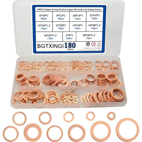 Lot de 180 rondelles d'étanchéité en cuivre de 15 sortes, joint plat en cuivre, boîte de rondelle d'étanchéité M5 M6 M8 M10 M12 M14 M16 M20 (1/5)