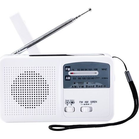Radio d'urgence solaire AM FM longue durée à manivelle, lampe de poche LED rechargeable par USB légère pour les urgences (blanc) (1/4)