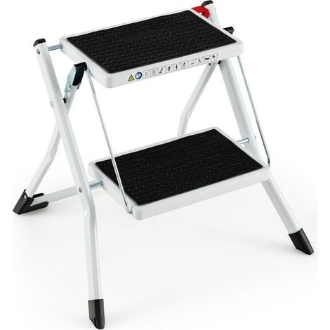 Escabeau pliable noir et blanc à 2 marches en métal avec marches antidérapantes et pieds stables pour maison, garage et jardin (1/5)