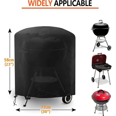 Housse pour barbecue rond de 76 cm (30 pouces) en tissu Oxford 210D imperméable et résistant, avec cordon de serrage et clips de fixation coupe-vent, noir. (1/4)
