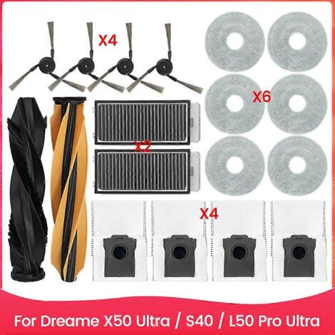 Pièces détachées pour aspirateur Dreame X50 Ultra / S40 Enhanced / L50 Pro Ultra Edition : brosse latérale principale, filtre HEPA, chiffon de nettoyage, sac à poussière
