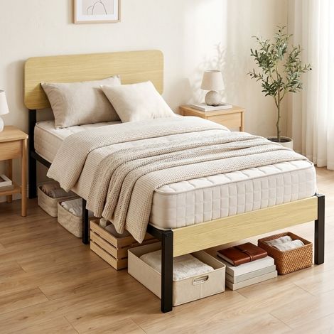 Cama individual 118.0x47.0x13.0 cm, con cabecero y espacio de almacenaje bajo la cama, metal, color madera natural (1/5)