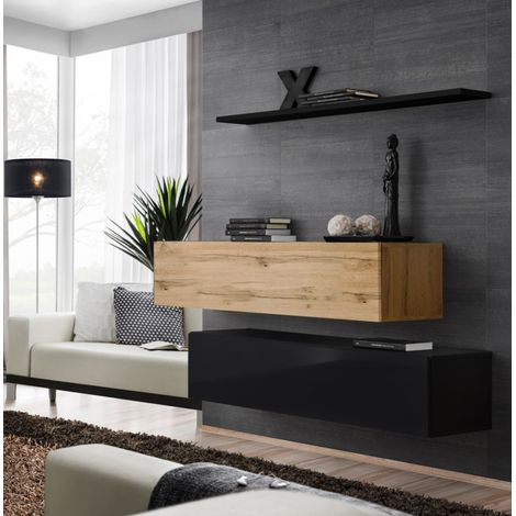 Lot de 2 Bancs Muraux & Étagère "Switch SBII" 130cm Noir & Naturel (1/3)