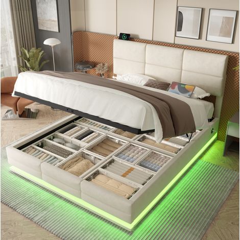 Etagenbett 180/200 cm in Beige aus Samt mit LED, USB und Stauraum (1/5)
