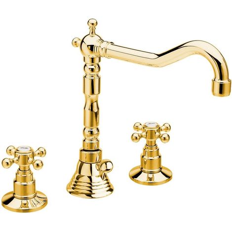 ANTEA Mitigeur de lavabo 3 trous avec bec rétro, avec vidage, doré