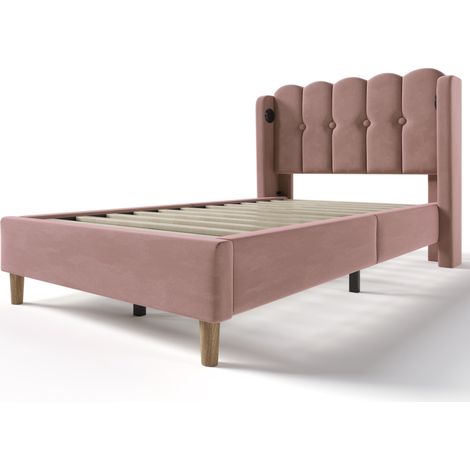 Cama individual 90 x 200 cm de terciopelo rosa con USB y USB-C, somier con lamas HOMVRA (1/5)