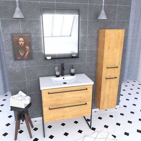 Mobile bagno 80 cm, lavabo bianco, specchio LED e colonna – Rovere naturale – STRUCTURA